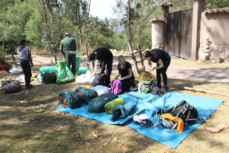 Camping equipment prepared for hikers on the Lares Trek