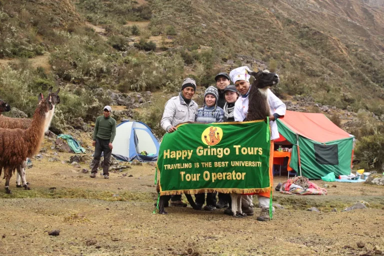 Happy Gringo Tours team at a Lares Trek campsite